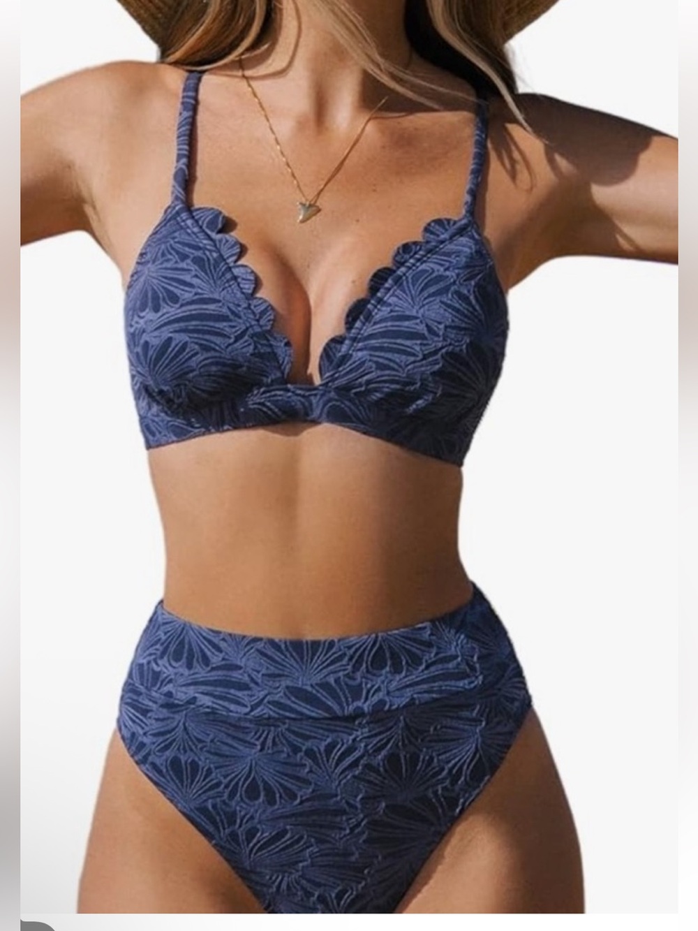 Cupshe NWT M Navy FLORAL Textured Scallop High-Waist Bikini Set